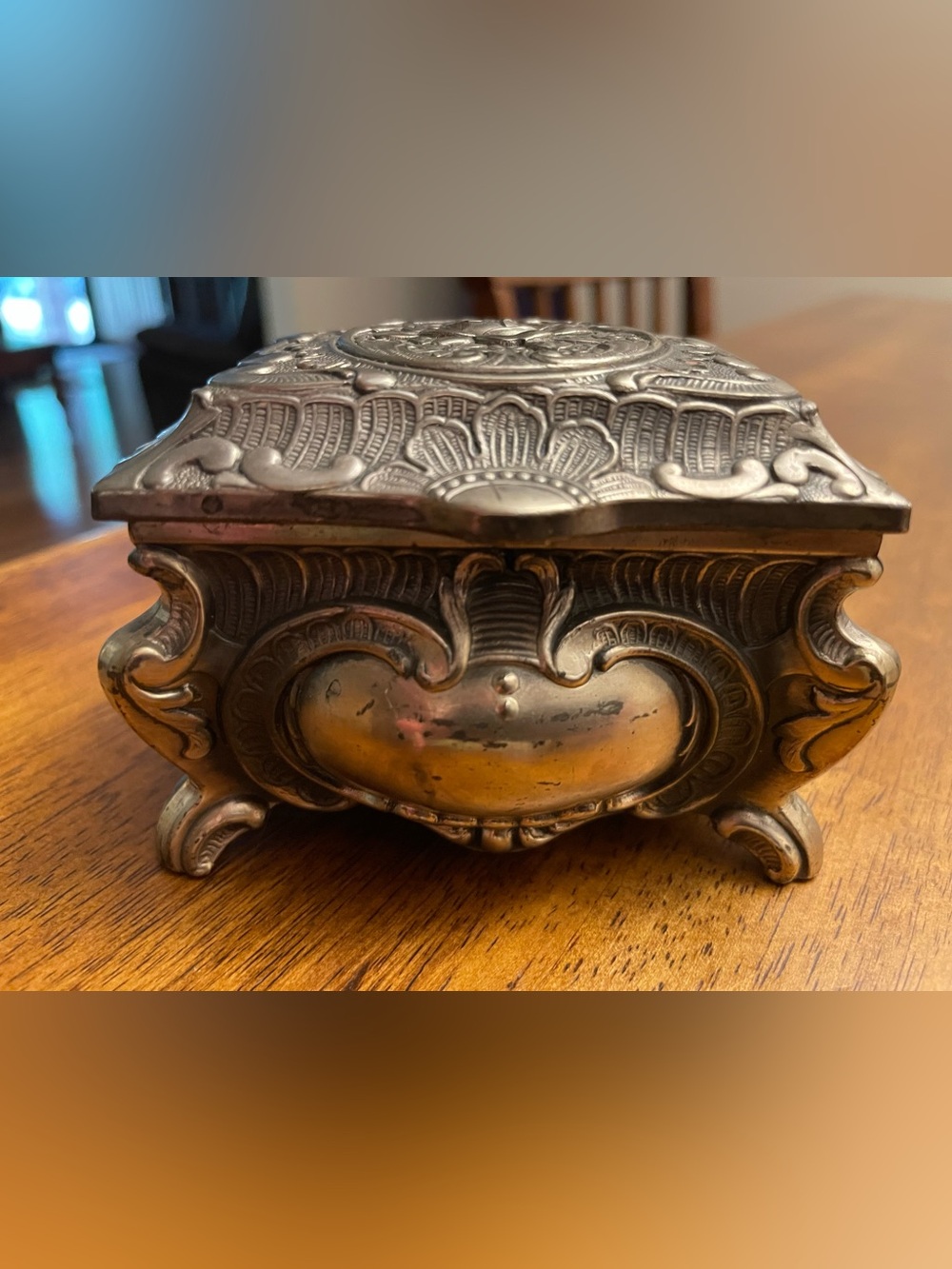 Ornate Embossed Metal Trinket Box - Silver Tone with Warm Patina